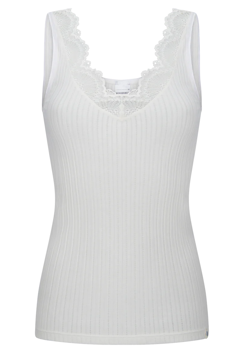 Tank Top Feinripp V-Ausschnitt mit Spitze Weiss - Revival Marie