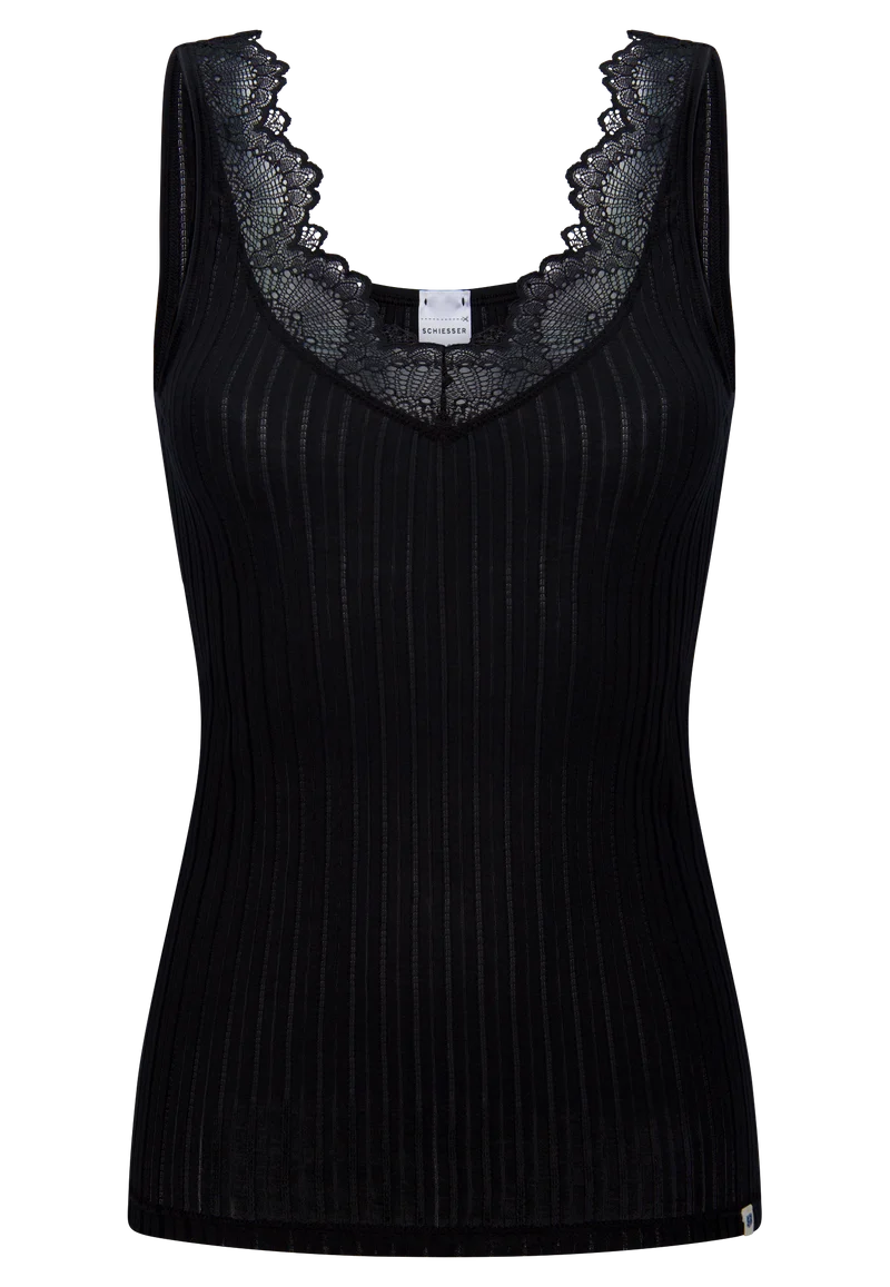 Tank Top Feinripp mit Spitze Schwarz - Revival Marie