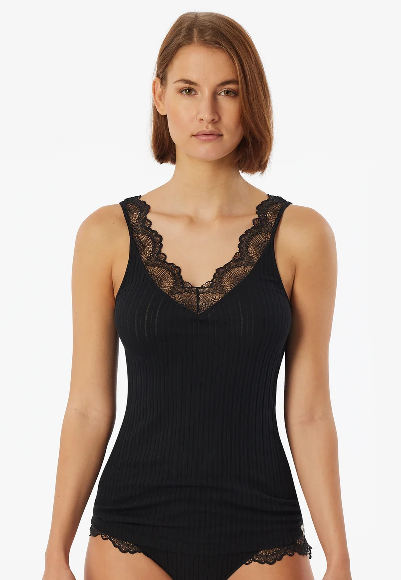 Tank Top Feinripp mit Spitze Schwarz - Revival Marie