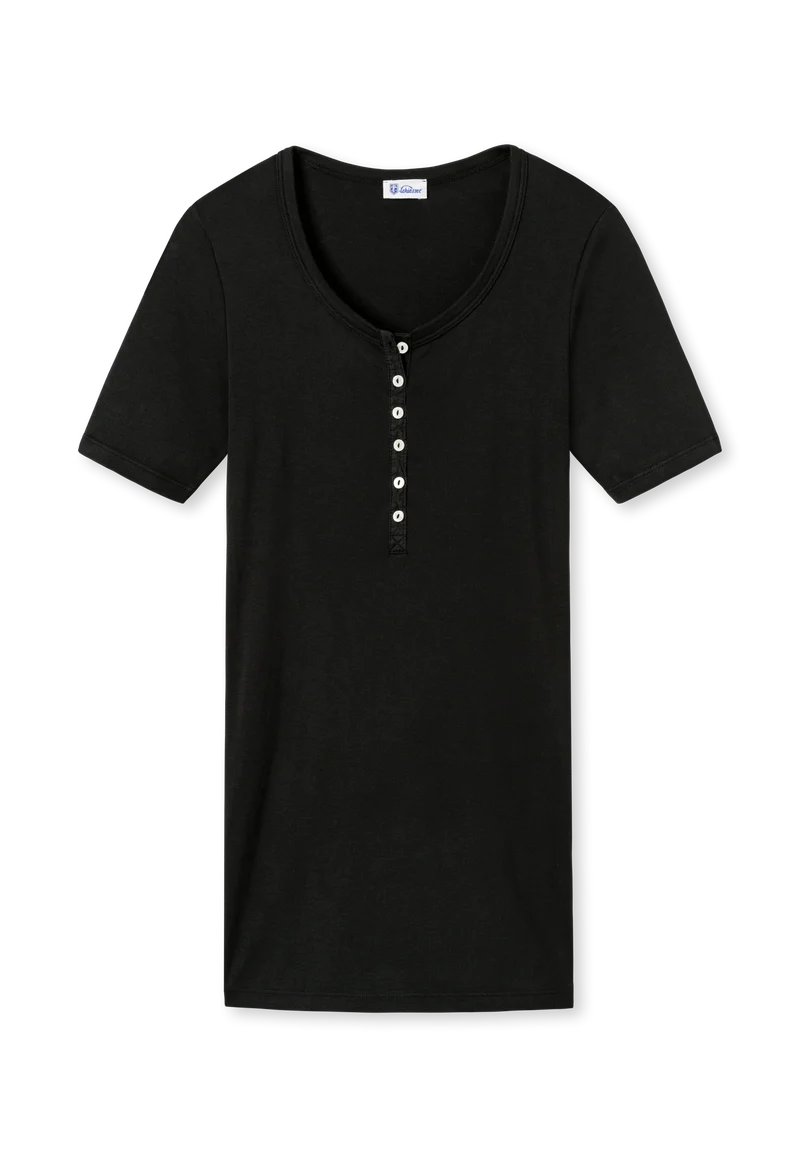 T-Shirt Feinripp mit Knopfleiste Schwarz - Revival Berta