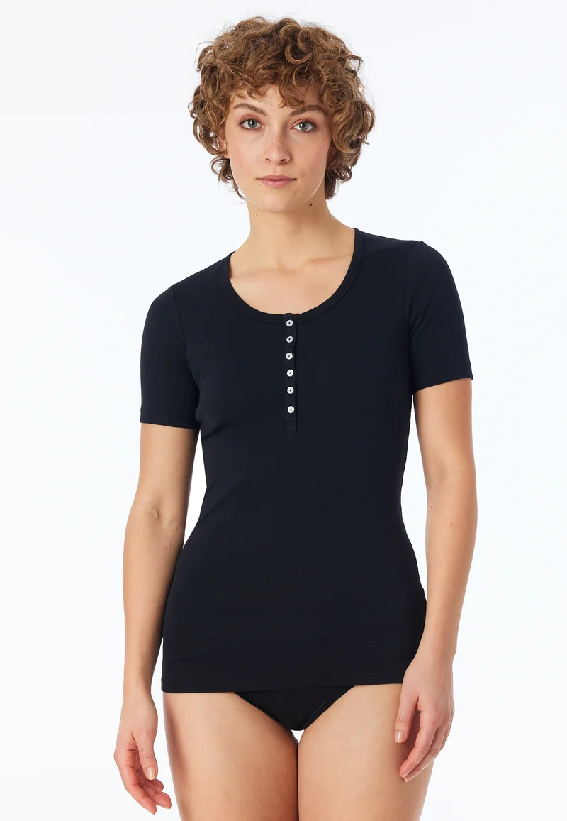 T-Shirt Feinripp mit Knopfleiste Schwarz - Revival Berta