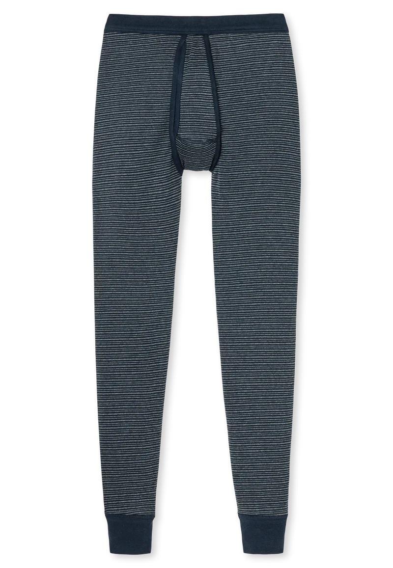 Unterhose lang Feinripp mit Eingriff Dunkelblau gestreift - Feinripp melange