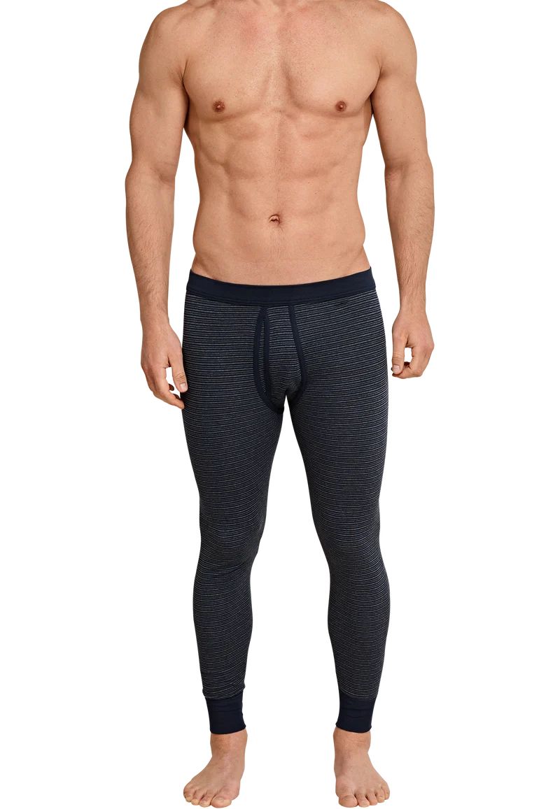 Unterhose lang Feinripp mit Eingriff Dunkelblau gestreift - Feinripp melange
