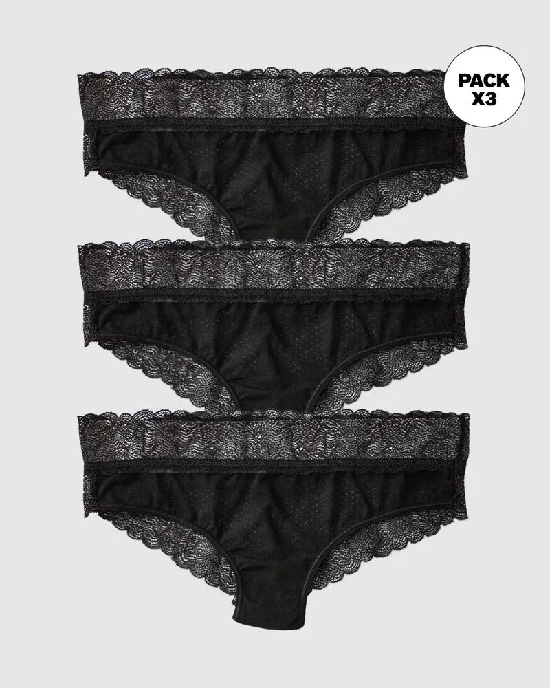 Pack de 3 culottes taille mi-haute en tulle et dentelle