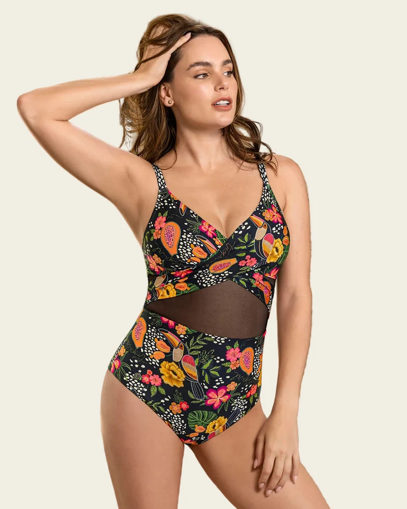 Maillot de bain une pièce imprimé avec détail en tulle et drapé sur les bonnets