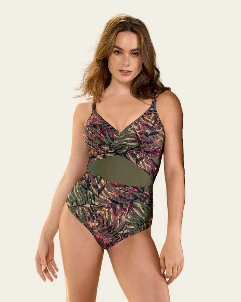 Maillot de bain une pièce imprimé avec détail en tulle et drapé sur les bonnets