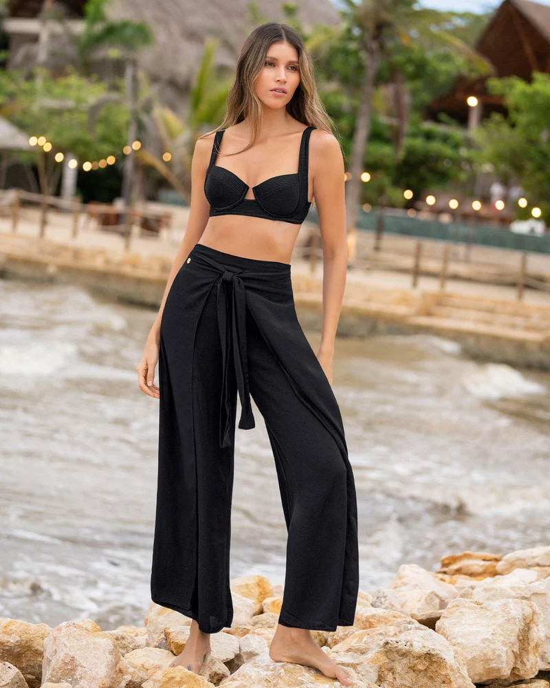 Bikini texture côtelée avec culotte taille haute et haut avec nœuds