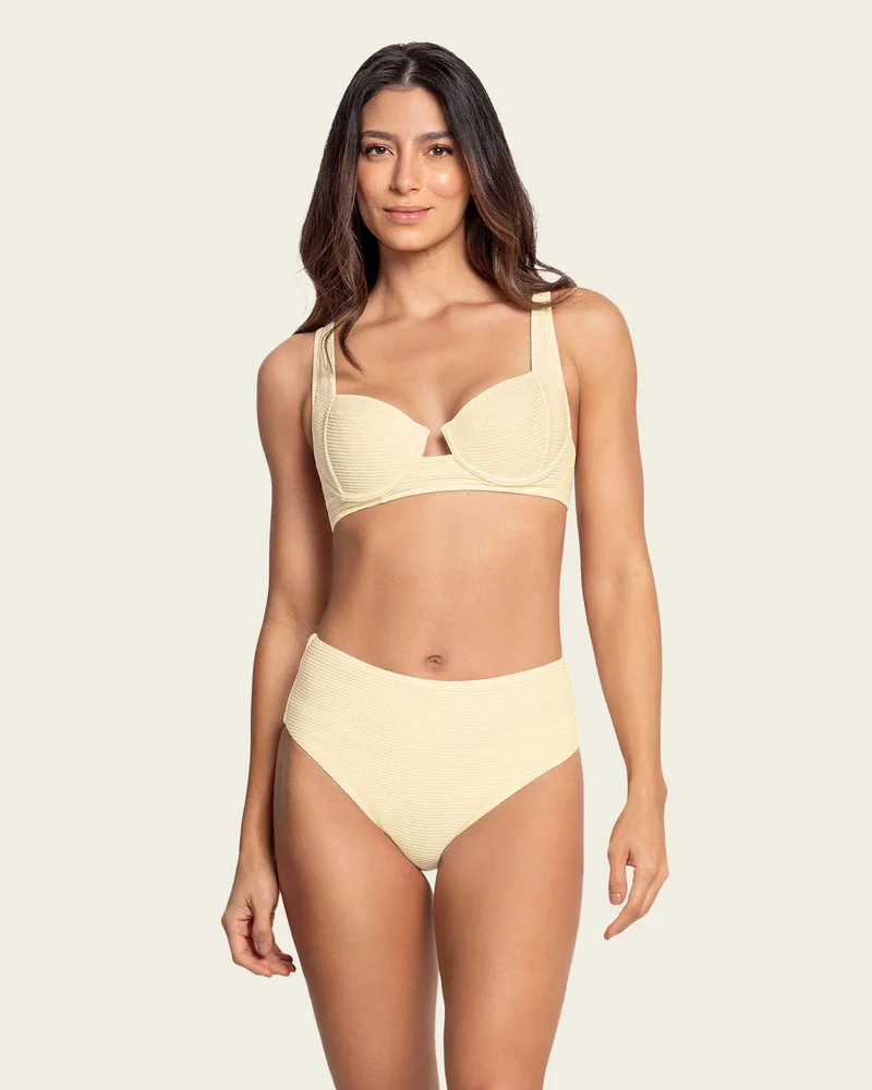 Bikini texture côtelée avec culotte taille haute et haut avec nœuds