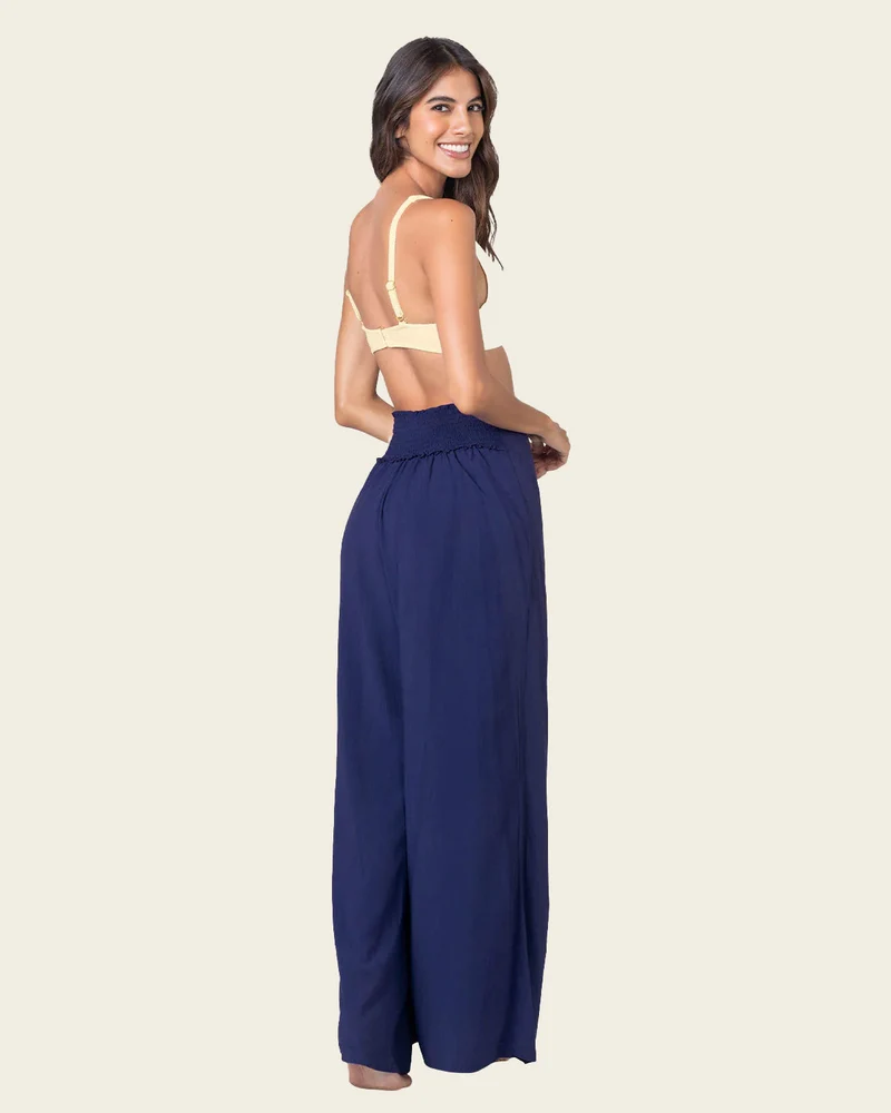 Pantalon en lin avec des cordons et taille élastique au dos