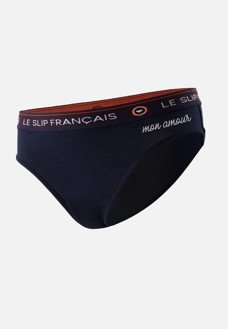 Culotte taille haute bleu marine en coton - Rieuse Marine Brodée Mon Amour
