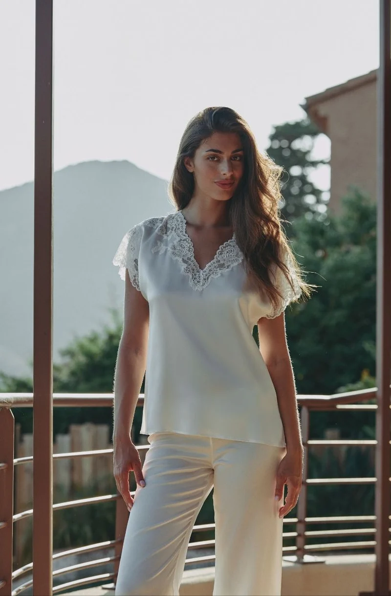Débardeur en soie et dentelle blanche Carmela