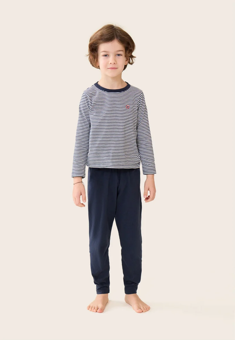 Ensemble pyjama enfant haut marinière et pantalon bleu marine en coton - Pyjama Haut Manches Longues Et Bas De Pyajma Long Petit Jeason Marinière Marine
