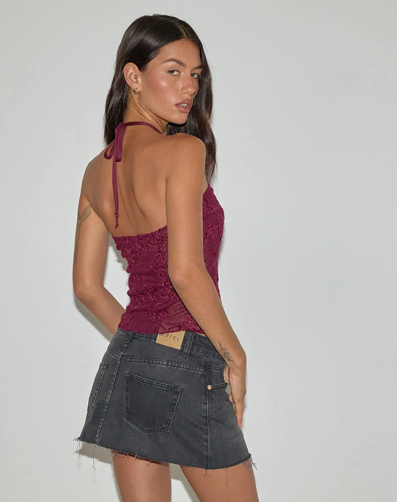 Ruwi Halter Top in Sequin Knit Burgundy (Top dos nu en maille pailletée)