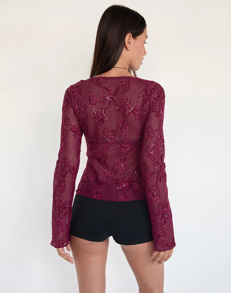 Cardigan Sukita en maille pailletée Bourgogne
