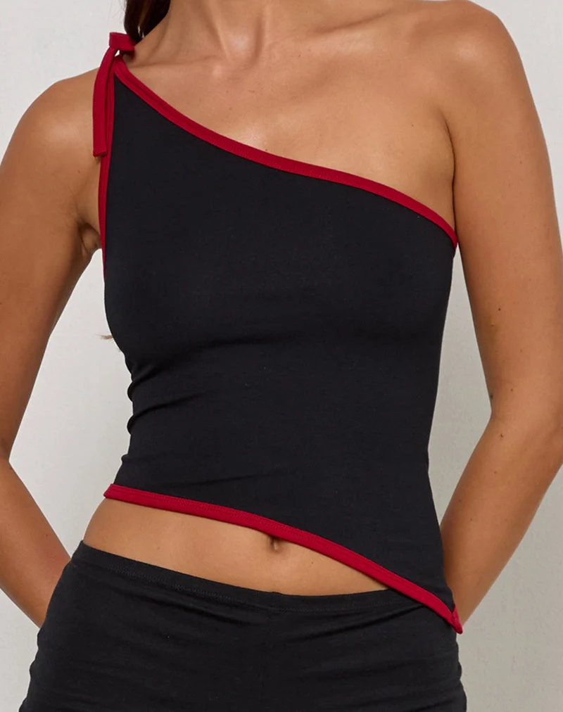 Lenti Asymmetric Top in Black with Adrenaline Red Binding (Top asymétrique en noir avec fixation en rouge adrénaline)