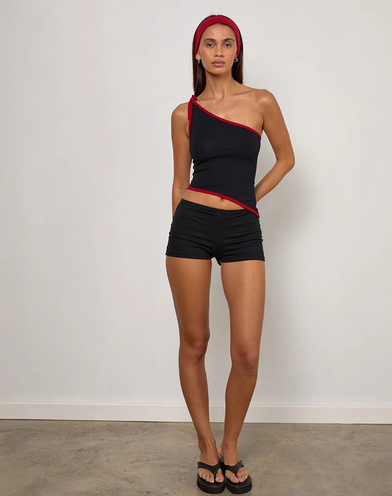 Lenti Asymmetric Top in Black with Adrenaline Red Binding (Top asymétrique en noir avec fixation en rouge adrénaline)