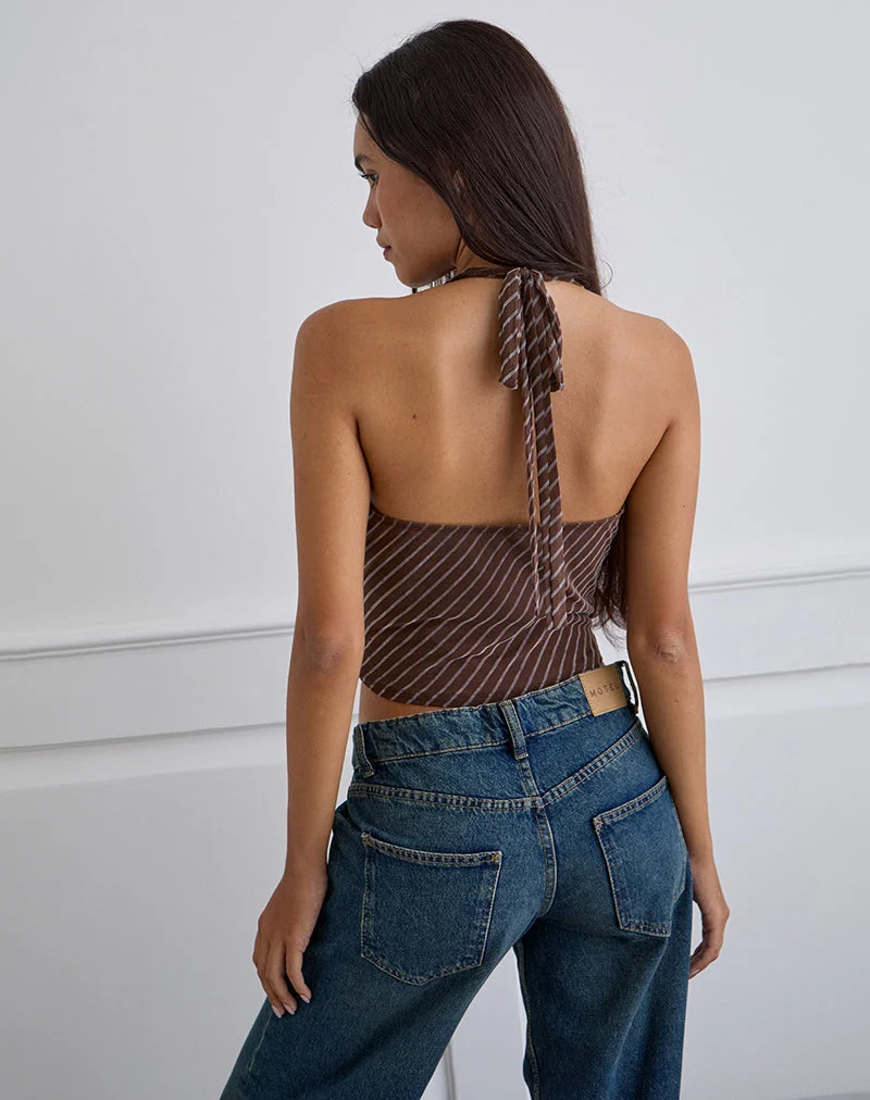 Bujou Cowl Top en rayures diagonales floquées marron et crème