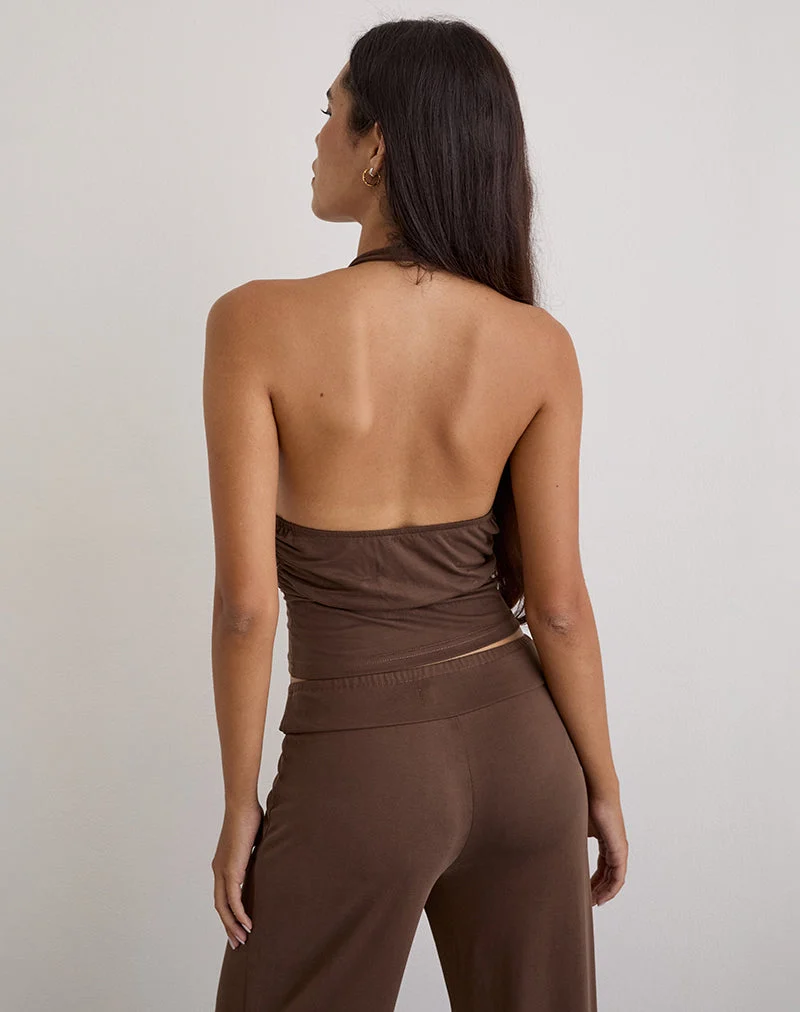 Prilla Halterneck Top in Cupro Dark Brown