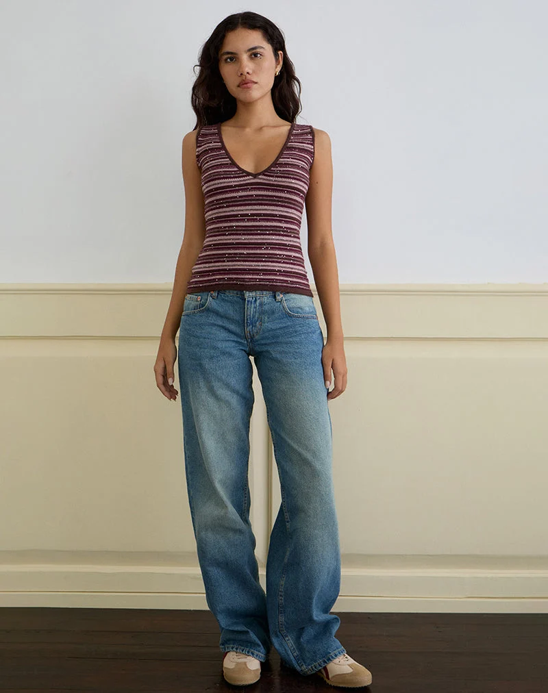 Lycia Plunge Top in Glitter Knit Striped Purple (Top plongeant en maille pailletée)
