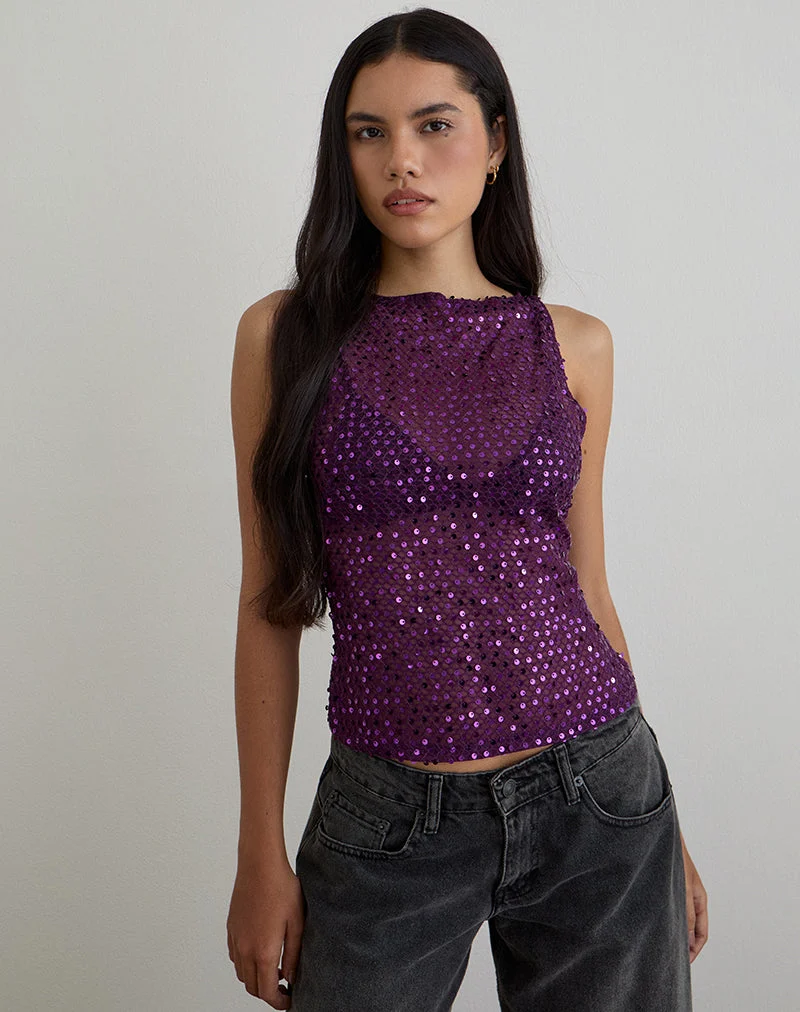 Dudley - Top gilet en maille pailletée - Prune - Vin