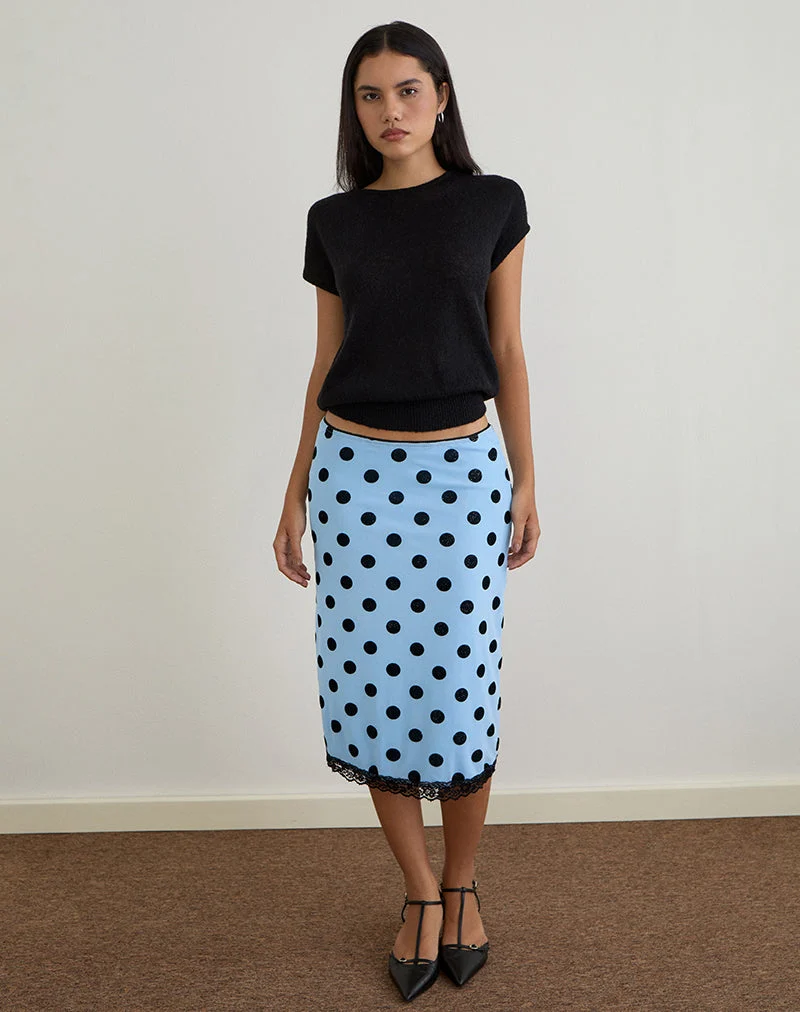 Jupe midi Gamila, bleu avec espace à pois noir