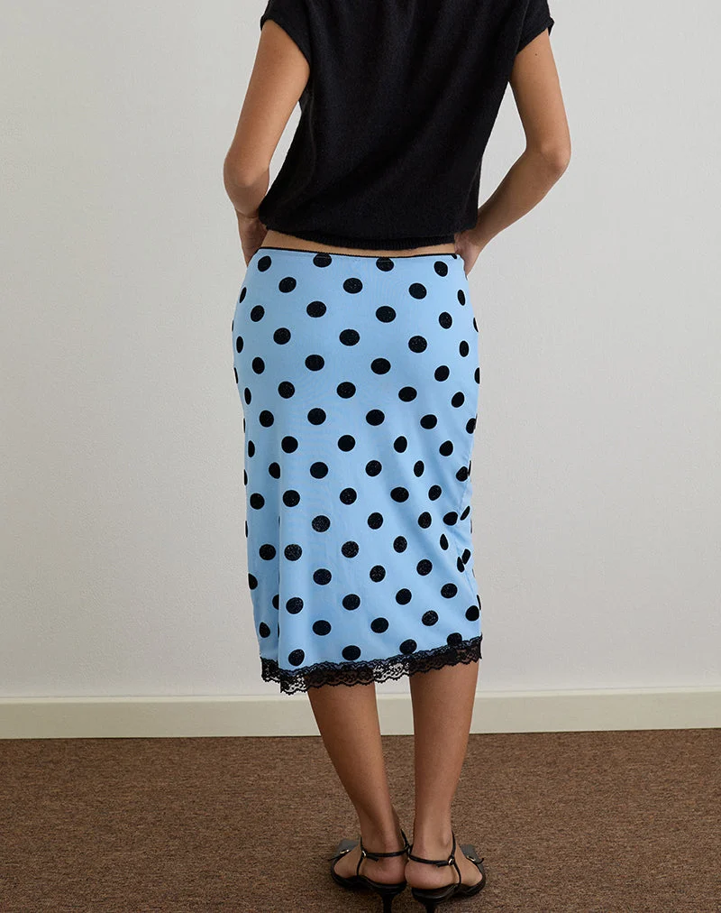 Jupe midi Gamila, bleu avec espace à pois noir