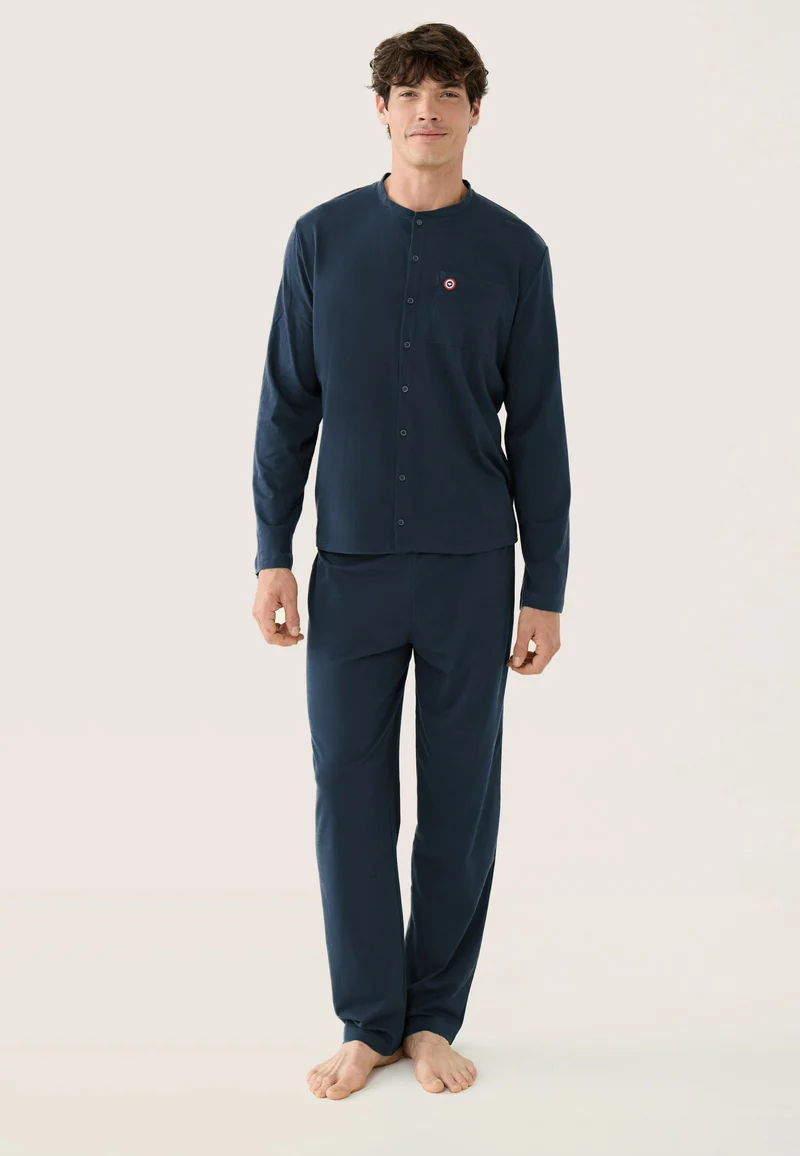 Ensemble pyjama haut et pantalon bleu marine en coton - Pyjama Haut Manches Longues Et Bas De Pyjama Long Hugo Marine