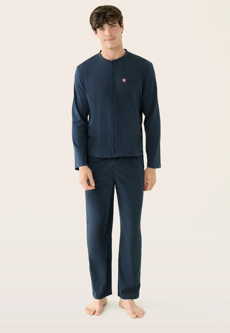 Ensemble pyjama haut et pantalon bleu marine en coton - Pyjama Haut Manches Longues Et Bas De Pyjama Long Hugo Marine