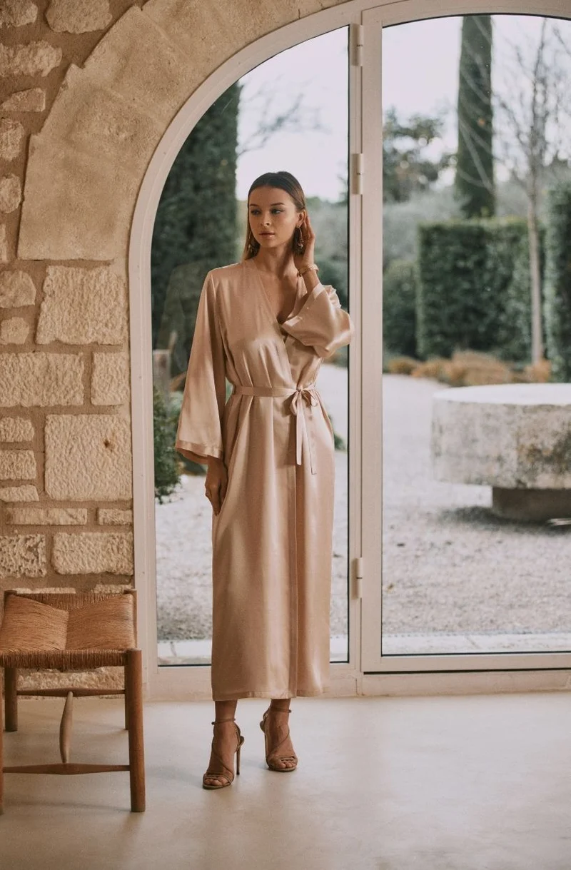 Déshabillé long Tracy en soie beige