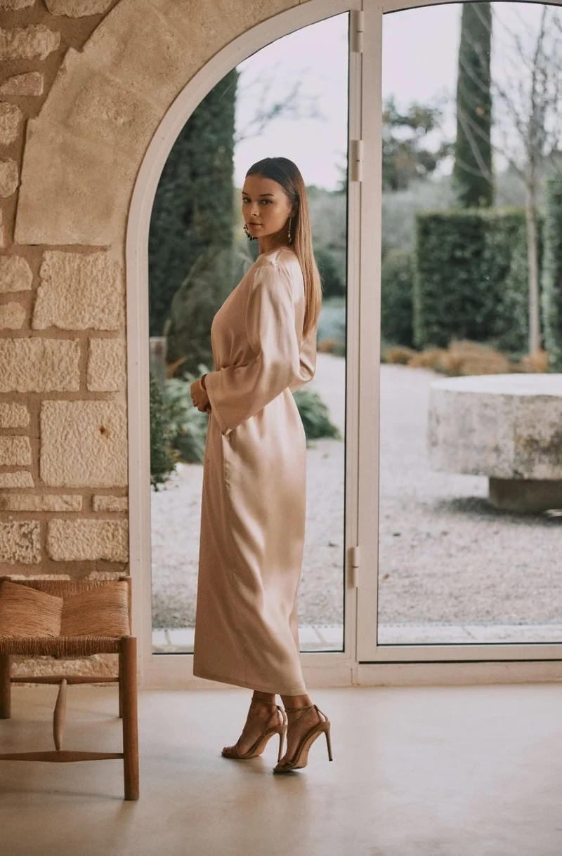Déshabillé long Tracy en soie beige