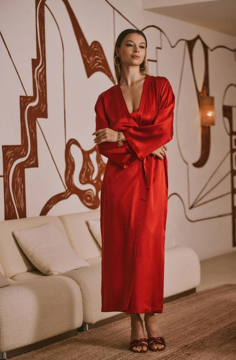 Déshabillé long Tracy en soie rouge