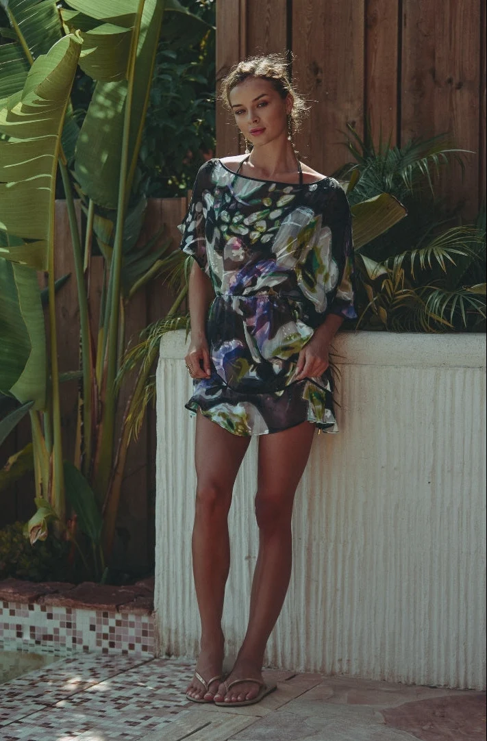 Robe courte asymétrique en mousseline imprimée Cassiopée