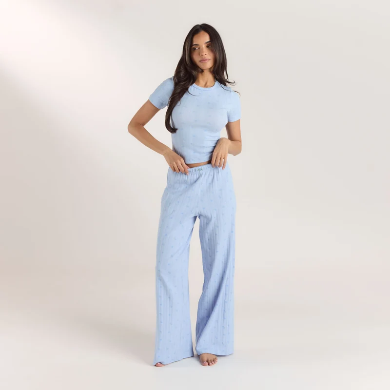 Haut de Pyjama Ajusté en Pointelle - Bleu Floral