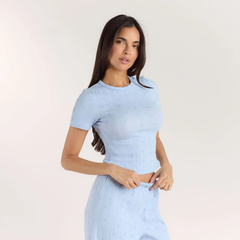 Haut de Pyjama Ajusté en Pointelle - Bleu Floral