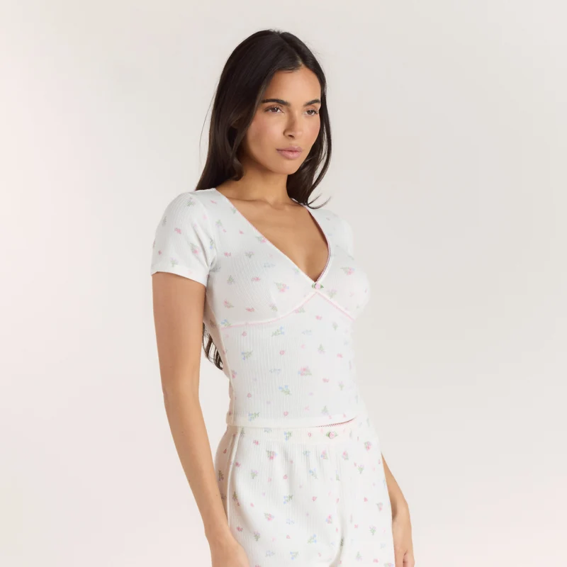Haut de Pyjama Court Côtelé - Blanc Floral