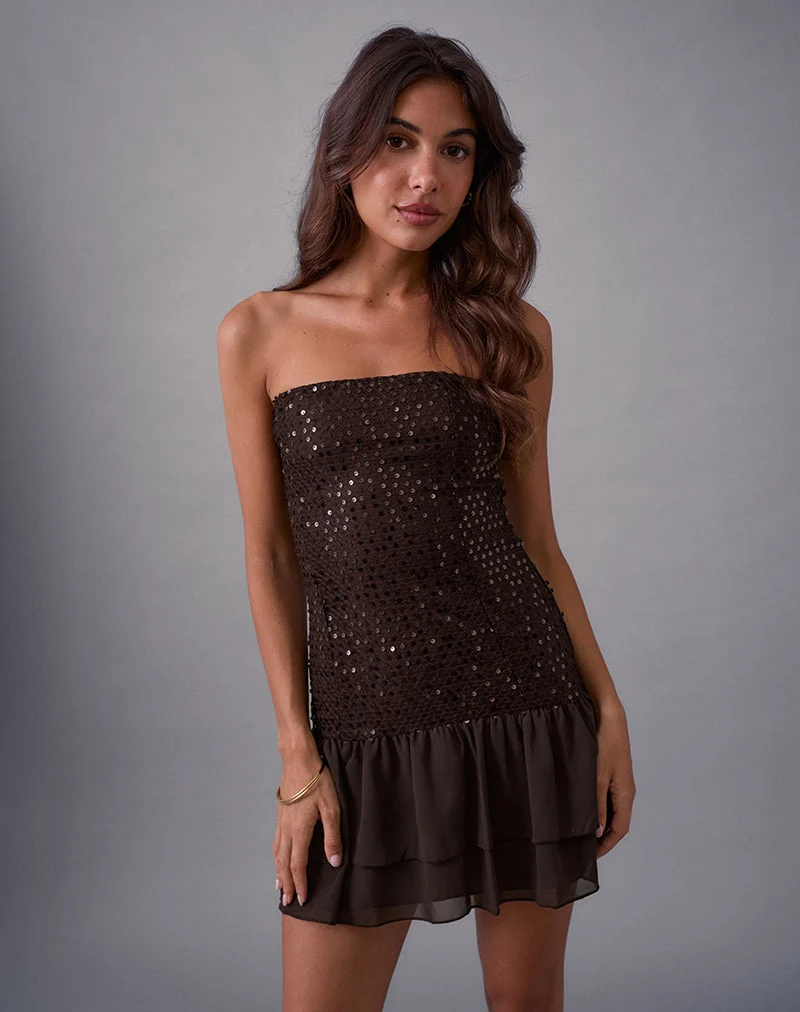 Robe corset Tinosa à volants et paillettes marron