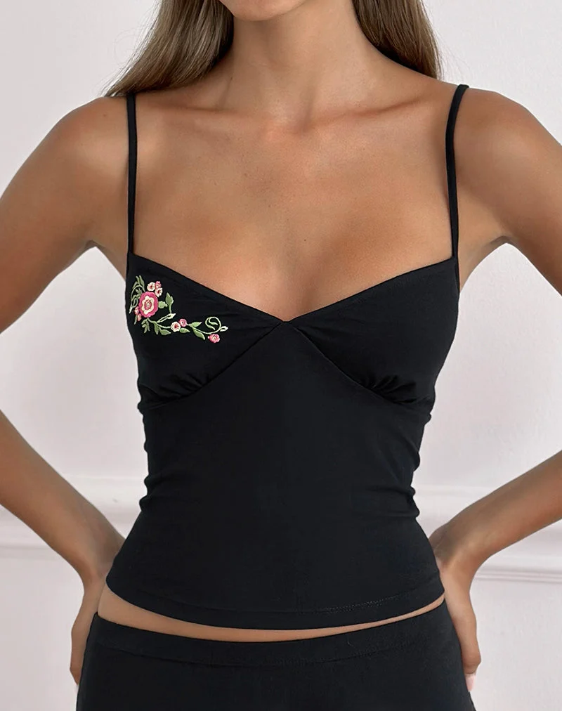 Haut Cami Morty noir avec broderie florale en spirale