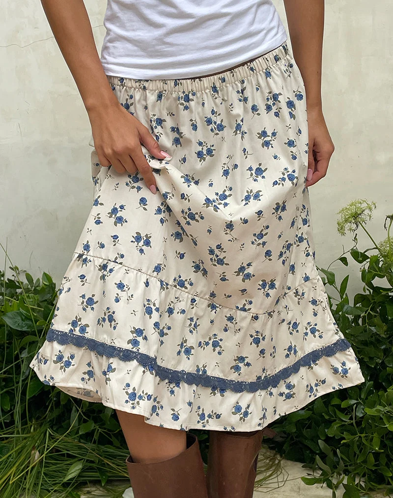 Jupe mi-longue Ilaria, motif « Ditsy Leaf Rose » bleu marine