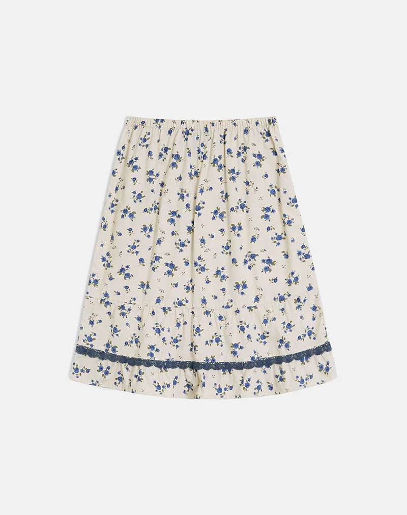 Jupe mi-longue Ilaria, motif « Ditsy Leaf Rose » bleu marine