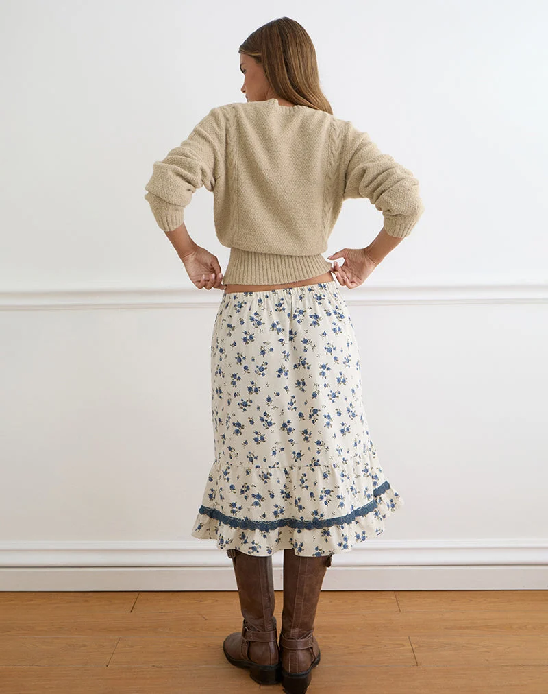 Jupe mi-longue Ilaria, motif « Ditsy Leaf Rose » bleu marine