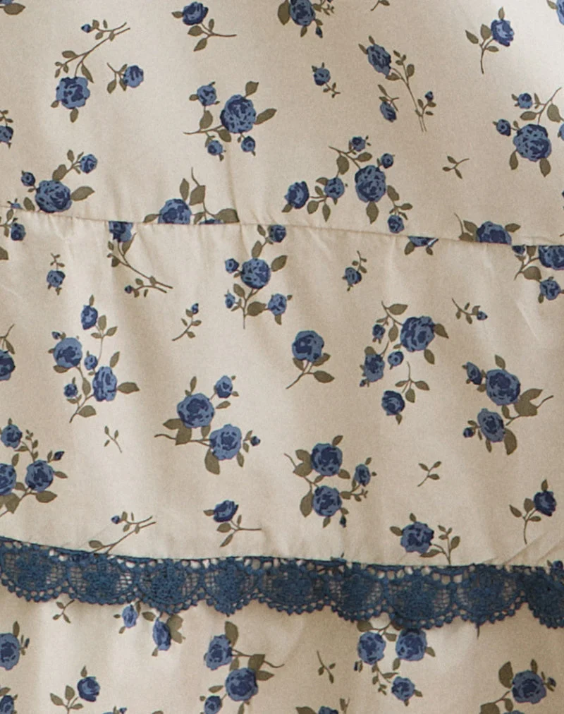 Jupe mi-longue Ilaria, motif « Ditsy Leaf Rose » bleu marine