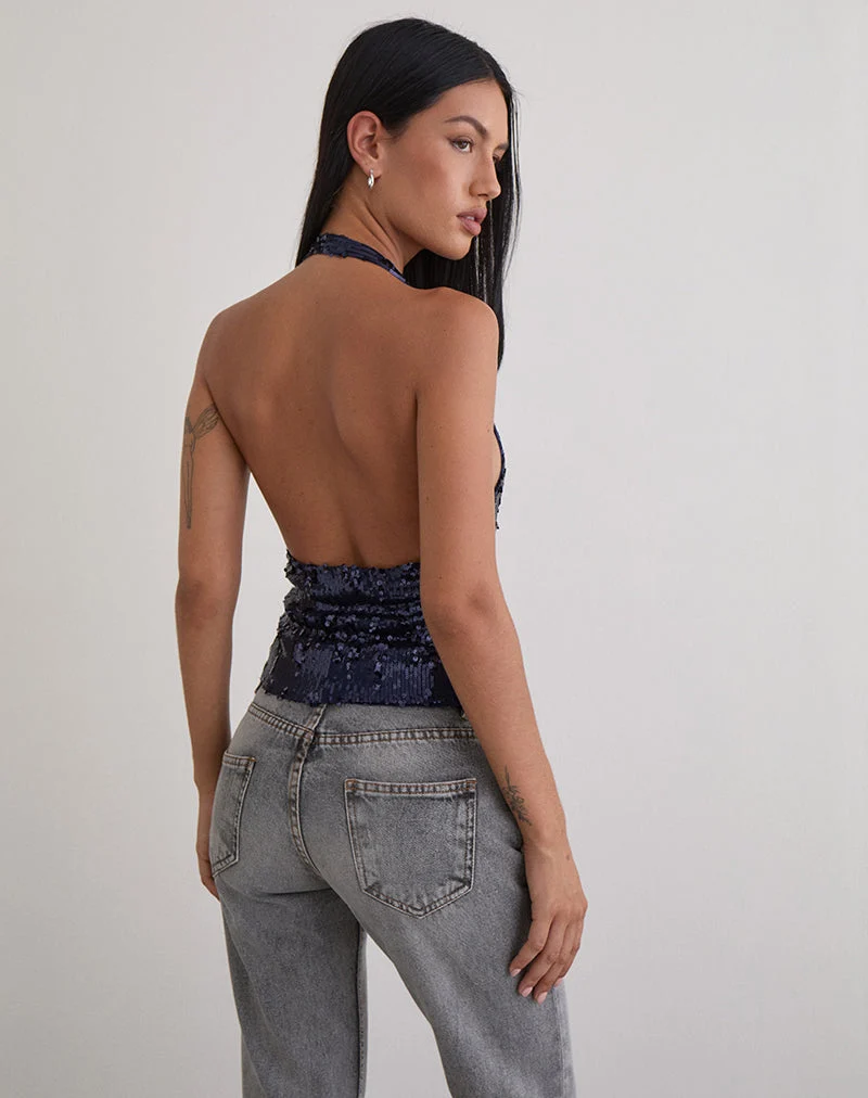 Cosio Halter Top in Mix Sequin Navy