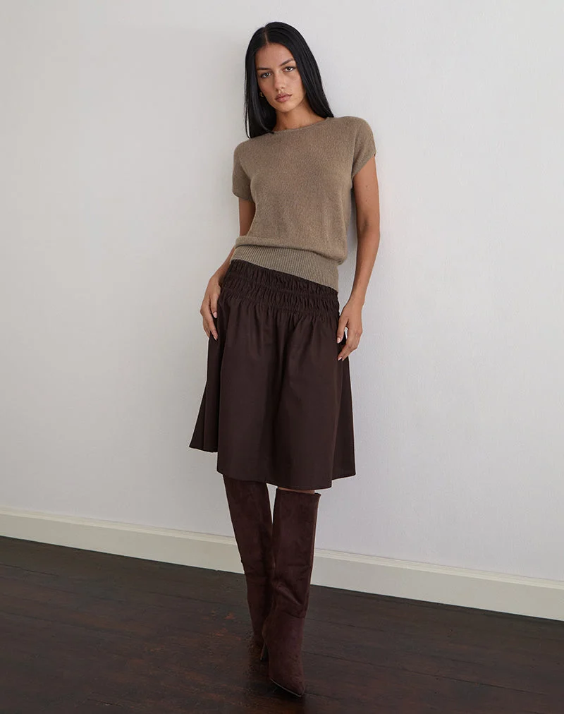 Jupe midi Neleta en popeline chocolat amer