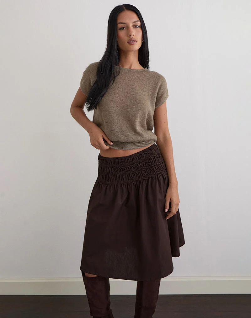 Jupe midi Neleta en popeline chocolat amer