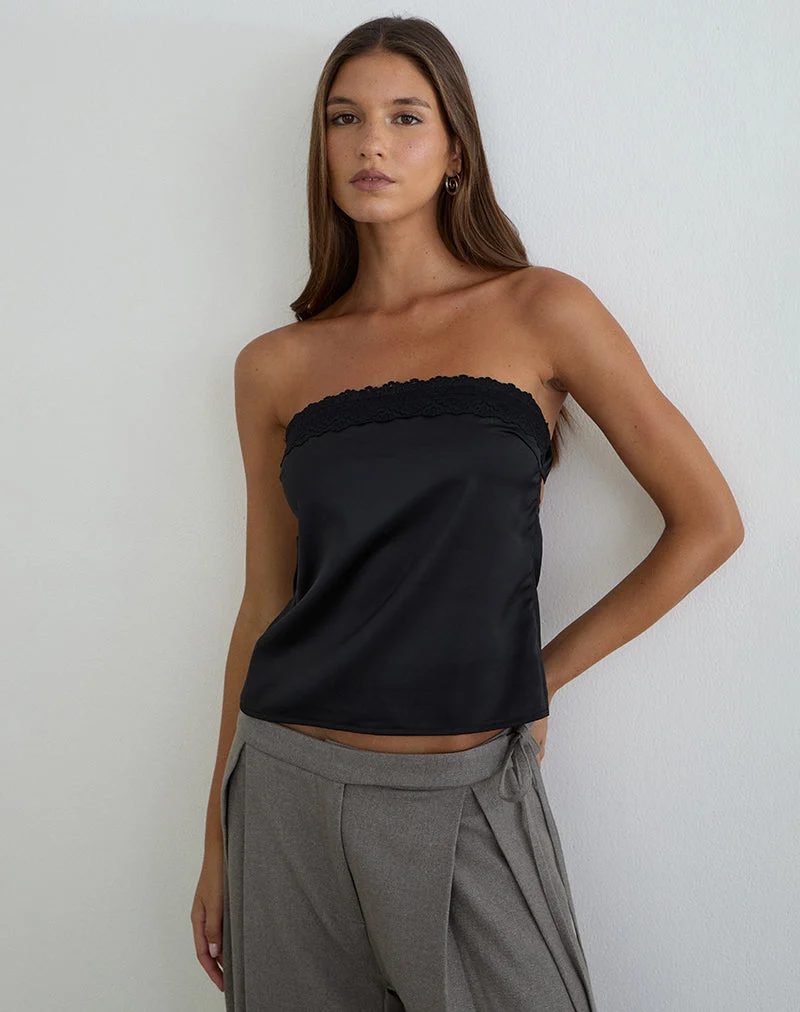 Haut bandeau Minae avec bordure en dentelle, en satin noir