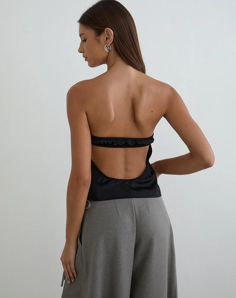 Haut bandeau Minae avec bordure en dentelle, en satin noir