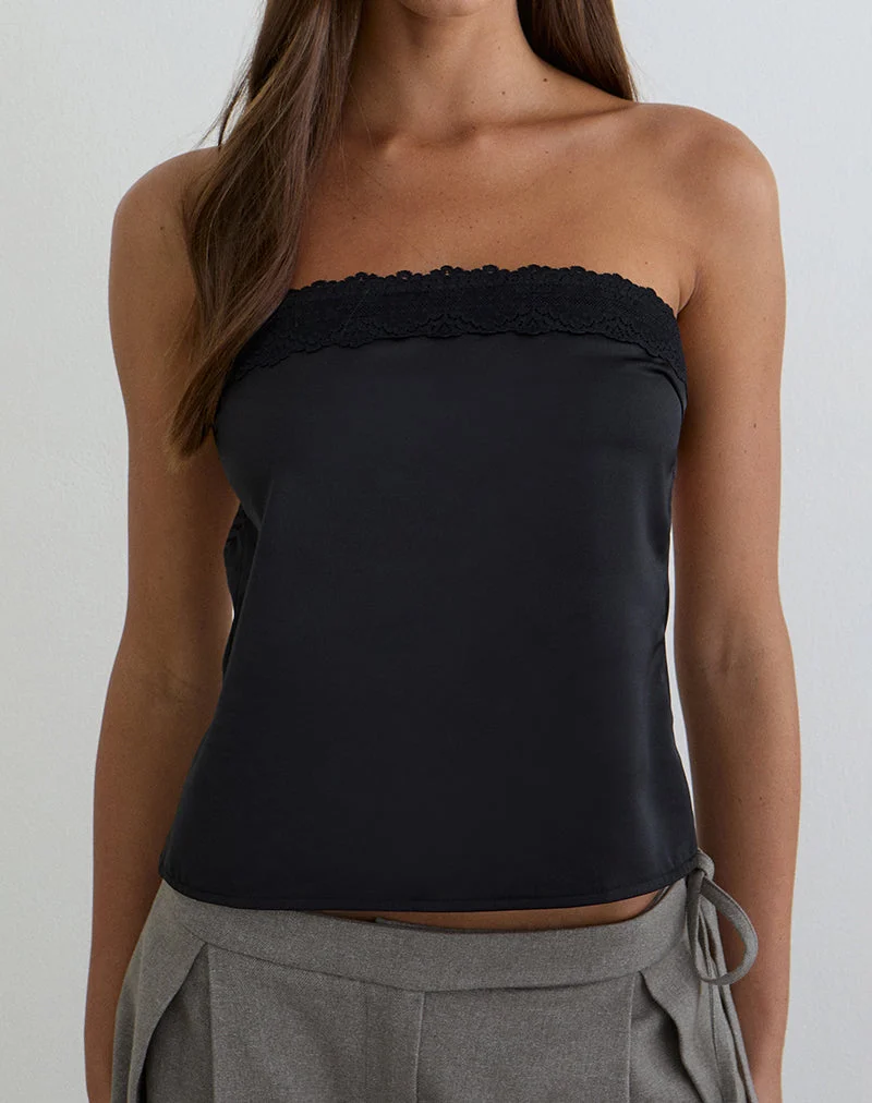 Haut bandeau Minae avec bordure en dentelle, en satin noir