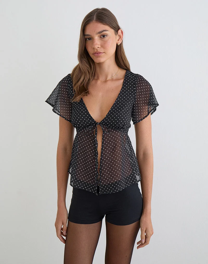 Blouse Kota en mousseline noire à petits pois
