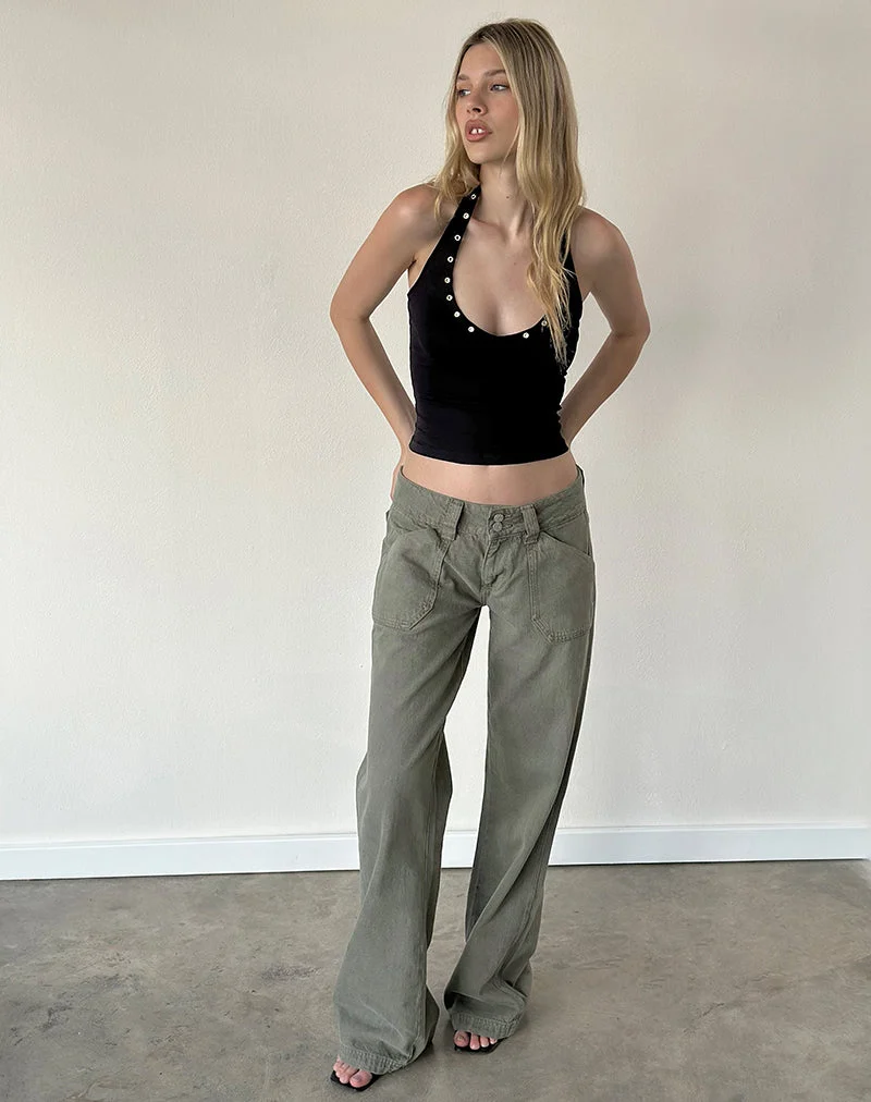 Jean cargo décontracté à taille basse, couleur olive