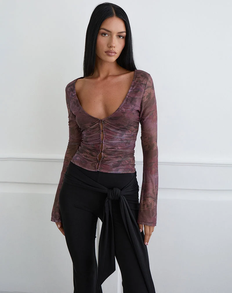 Haut à manches longues Aifee en maille à motif floral flou bordeaux